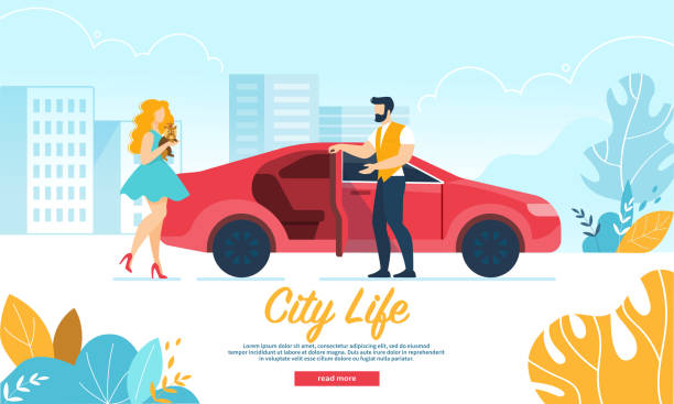 Man Open Car Door Inviting Adorable Woman Come in City Life Horizontal Banner. Young Handsome Man Open Car Door Inviting Adorable Woman with Little Dog to Come in. Loving Couple Having Dating, Love, Leisure Spare Time Cartoon Flat Vector Illustration guy open car door stock illustrations