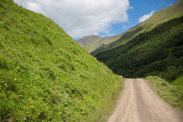 view of mountains and road to tusheti region at summer. georgia - tusheti imagens e fotografias de stock