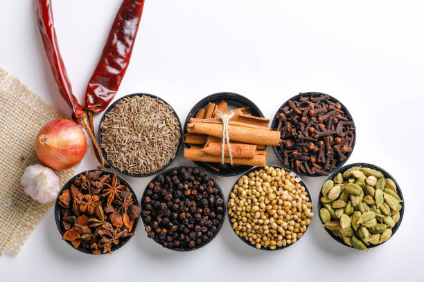 istock Various spices in a bowls on white background. Top view with copy space. 1162525496