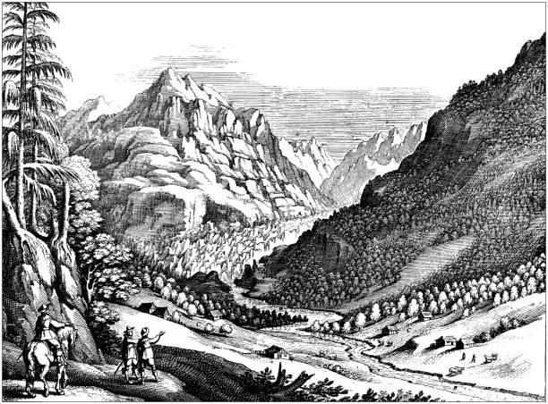 ilustrações, clipart, desenhos animados e ícones de ilustração antiga do livro do montanhismo: geleira mais baixa de grindelwald - glacier mountain ice european alps
