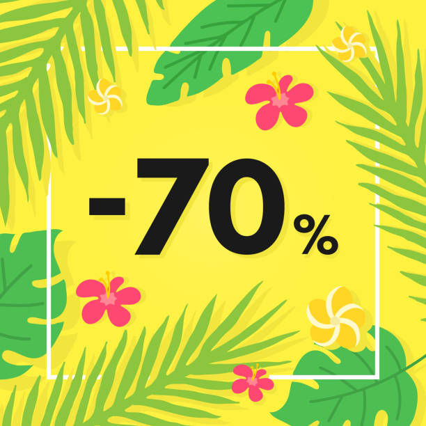 ilustrações de stock, clip art, desenhos animados e ícones de summer sale banner with tropical leaves and fruit. special offer, sale 70 off. discount bright design with jungle palm leaves on yellow background. vector illustration - palm leaf flash