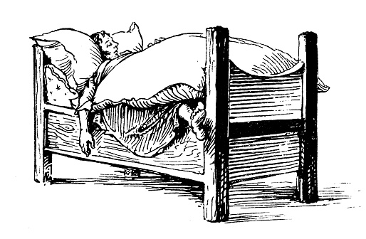 Antique illustration from mountaineering book: Sleeping in bed