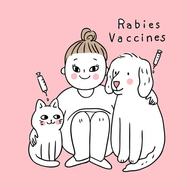 Vector illustration of Cartoon cute dog and cat take vaccinated rabies vector.