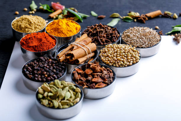 istock Various spices in a bowls on white background. Top view with copy space. 1162527211