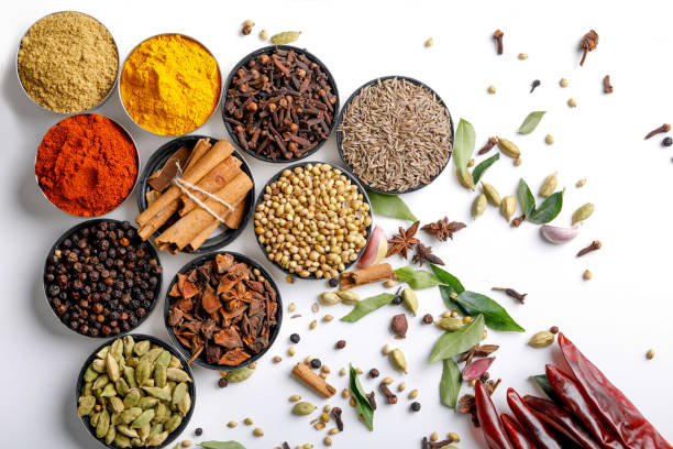 istock Various spices in a bowls on white background. Top view with copy space. 1162527218
