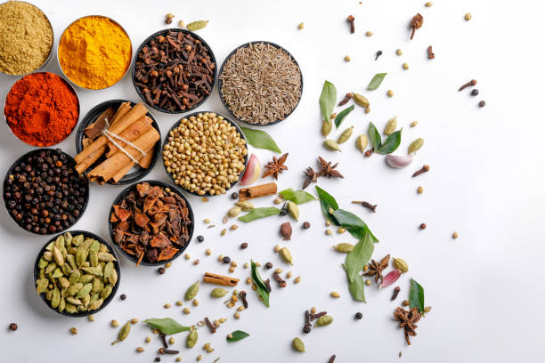 istock Various spices in a bowls on white background. Top view with copy space. 1162527222