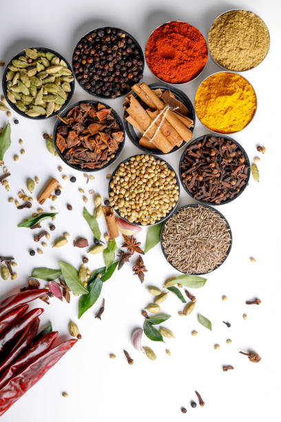 istock Various spices in a bowls on white background. Top view with copy space. 1162527224