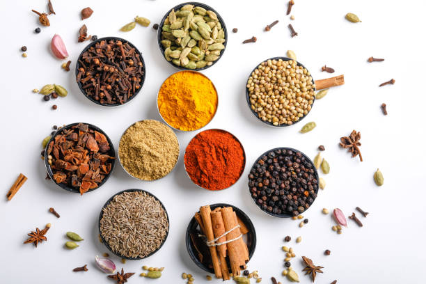 istock Various spices in a bowls on white background. Top view with copy space. 1162527833