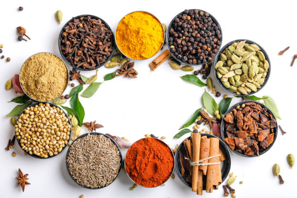 istock Various spices in a bowls on white background. Top view with copy space. 1162527862