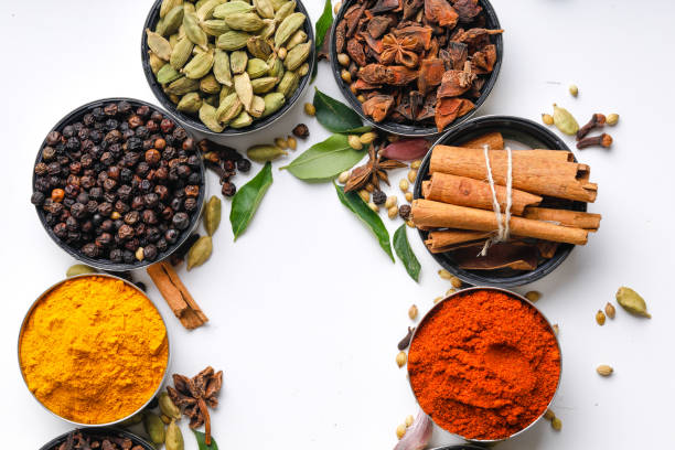 istock Various spices in a bowls on white background. Top view with copy space. 1162528049