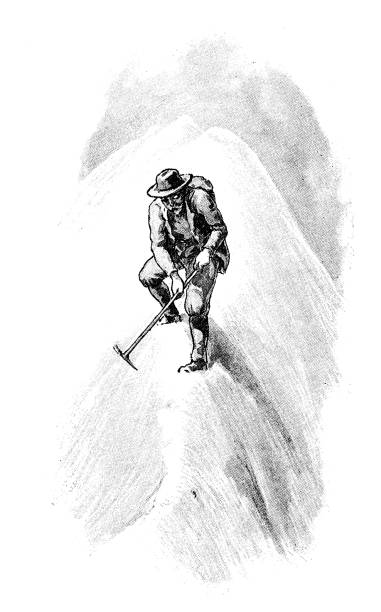 Antique illustration from mountaineering book: Step-cutting