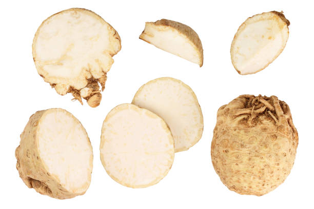 Fresh celery root isolated on white background. Top view. Flat lay. Set or collection Fresh celery root isolated on white background. Top view. Flat lay, Set or collection, Celeriac stock pictures, royalty-free photos & images
