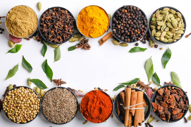 istock Various spices in a bowls on white background. Top view with copy space. 1162533956