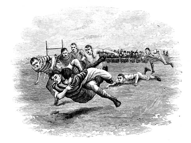stockillustraties, clipart, cartoons en iconen met antieke illustratie uit sport boek: voetbal/rugby actie - rugby scrum