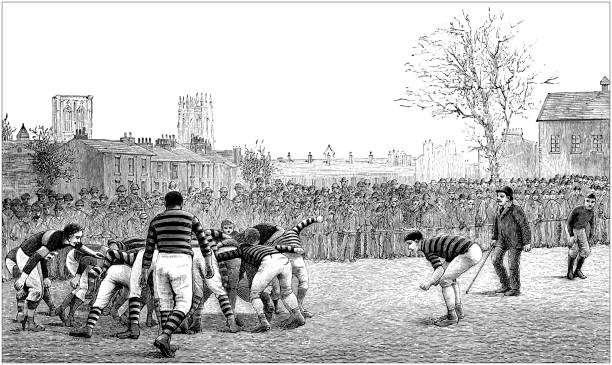 stockillustraties, clipart, cartoons en iconen met antieke illustratie uit sport boek: voetbal/rugby actie - rugby scrum