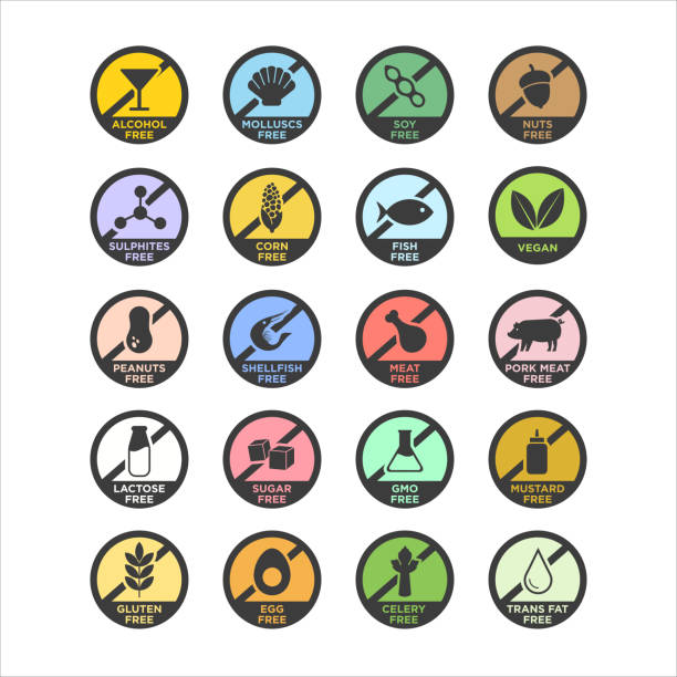 Allergen free icons set. Set of allergen information icons for menus and food food allergies stock illustrations