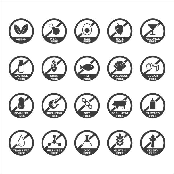 allergen freie symbole gesetzt. - nahrungsmittelzusatz stock-grafiken, -clipart, -cartoons und -symbole