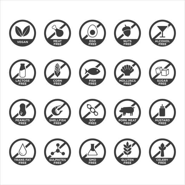 Allergen free icons set. Set of allergen information icons for menus and food food additive stock illustrations