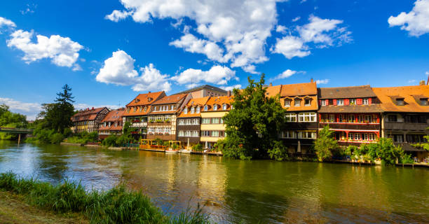 Bamberg Germany river Regnitz embankment with fachwerk houses (little Venice) stock photo Bamberg Germany river Regnitz embankment klein venedig photos stock pictures, royalty-free photos & images
