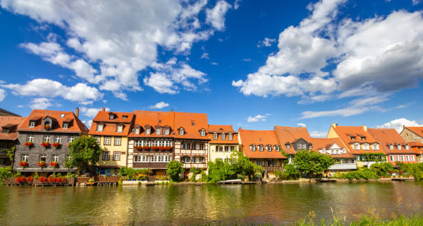 Bamberg Germany river Regnitz embankment with fachwerk houses (little Venice) stock photo Bamberg Germany river Regnitz embankment klein venedig photos stock pictures, royalty-free photos & images