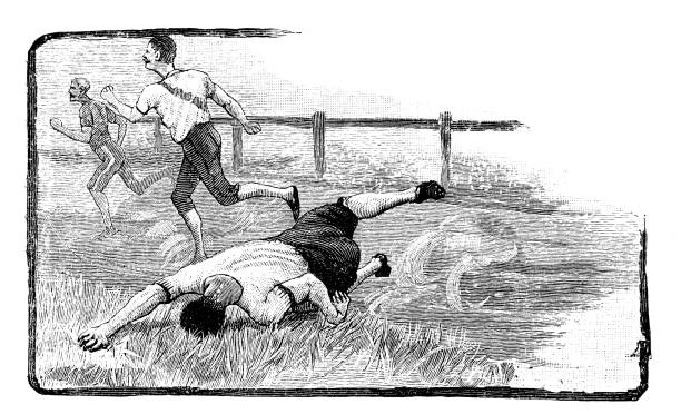 antyczne ilustracje z książki sportowej: wypadek w wyścigu cross country - hurdling hurdle competition endurance stock illustrations