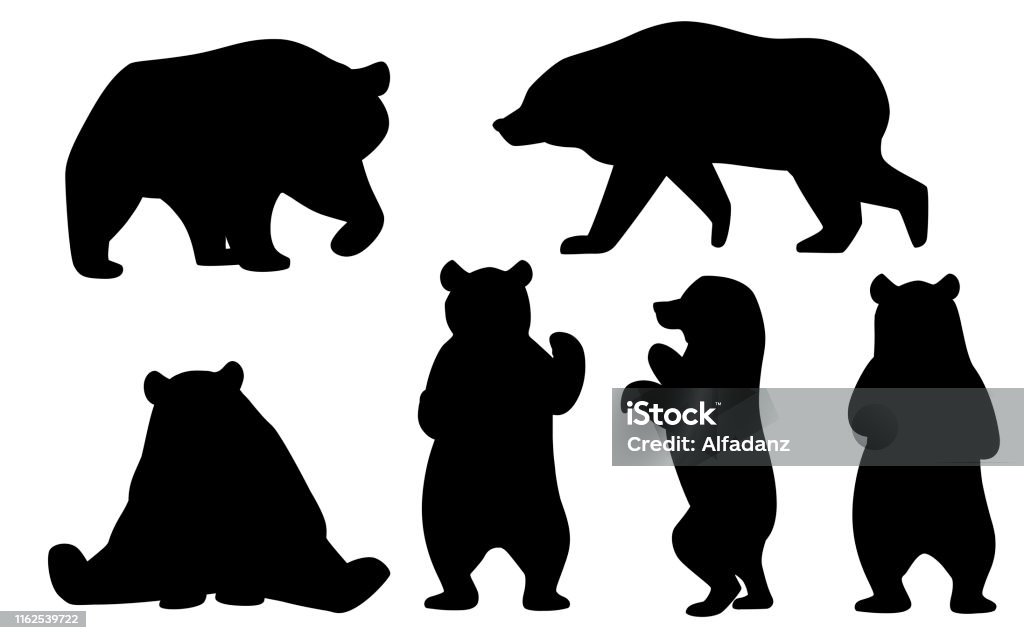 Svart silhuett uppsättning av grizzlybjörnar. Nordamerika djur, brunbjörn. Tecknad djur design. Platt vektor illustration isolerad på vit bakgrund - Royaltyfri Björn vektorgrafik