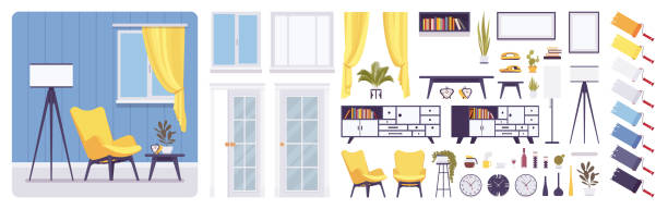 Living room interior and design construction set Living room interior, home, office creation set, modern inspirational decoration, kit with furniture, constructor elements, build own design. Cartoon flat style infographic illustration, color palette domestic room illustrations stock illustrations
