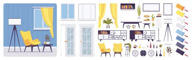 Vector illustration of Living room interior and design construction set