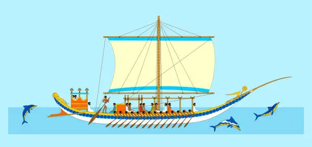 Vector illustration of Minoan ship with dolphins