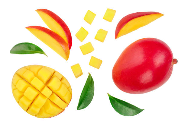 istock Mango fruit half with slices isolated on white background. Set or collection. Top view. Flat lay 1162539956