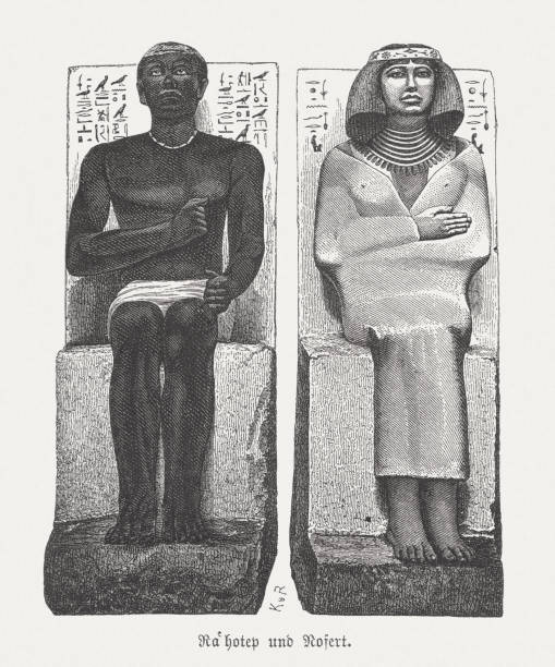 ilustraciones, imágenes clip art, dibujos animados e iconos de stock de rahotep y nofret, esculturas antiguas, museo egipcio, el cairo, publicado en 1879 - traje de reina egipcia