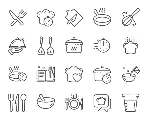 иконки линии приготовления. время кипения, сково�рода и кухонная утварь. вектор - chefs hat hat kitchen utensil spoon stock illustrations