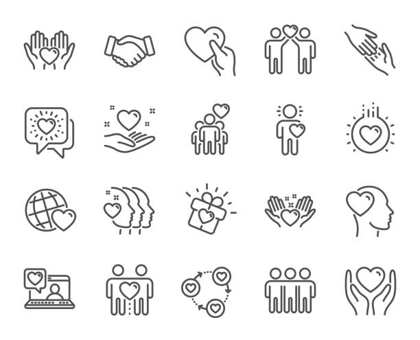 Friendship and love line icons. Interaction, Mutual understanding and assistance business. Vector Friendship and love line icons. Interaction, Mutual understanding and assistance business. Trust handshake, social responsibility, mutual love icons. Trust friends, partnership. Vector altruism stock illustrations