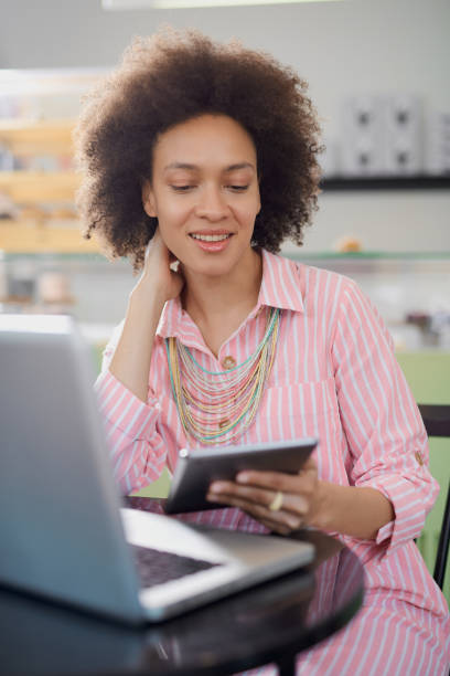 istock Woman using tablet in coffee shop. 1162542382