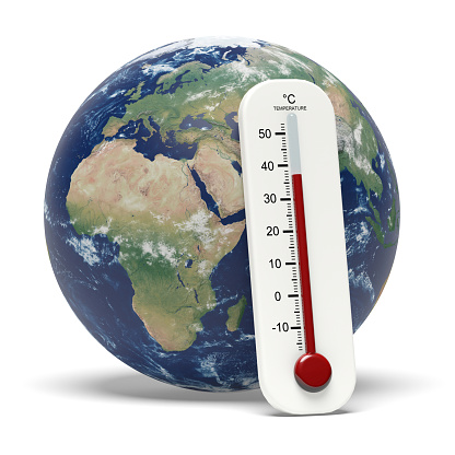 global warming concept with earth and thermometer. FREE EARTH MAP FROM : http://www.shadedrelief.com/natural3/pages/textures.html