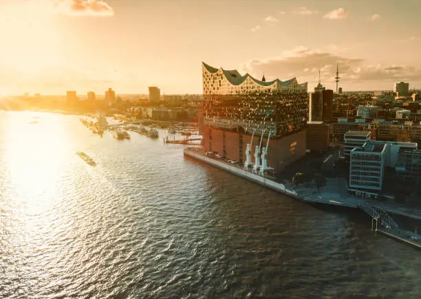 panoramic drone view over the river on Hamburg Hafen City with Philharmonie