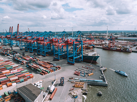 aerial panoramic view overCargo container terminal in Hamburg port
