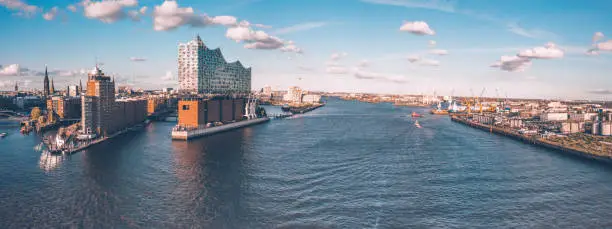 Wide panoramic drone view over the river on Hamburg Hafen city