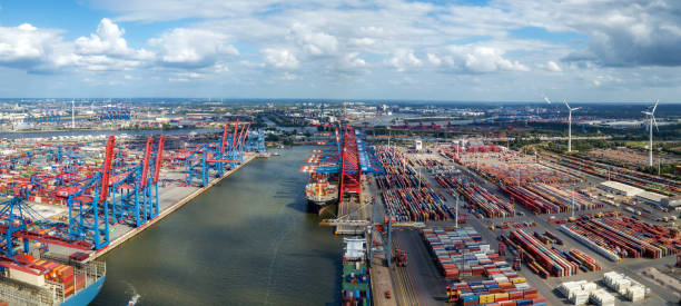 istock wide panoramic view over Cargo crane container terminal in Hamburg 1162544067