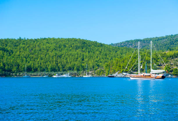 Anchored yacht in Cokertme bay, Turkey