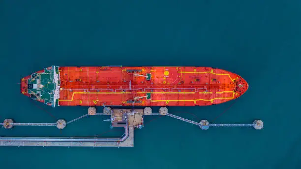 Photo of Aerial view of industrial cargo tanker, Aerial viww Oil/Chemical tanker at port.