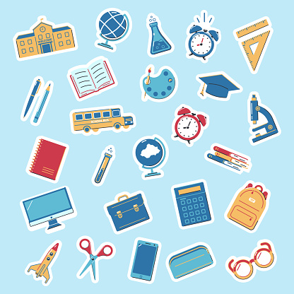 Set of stickers back to school. Educations icons on a blue background. Design for labels, banners.Vector illustration.