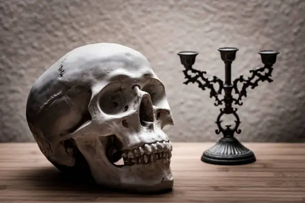 Photo of A skull with candlestick on a wooden table