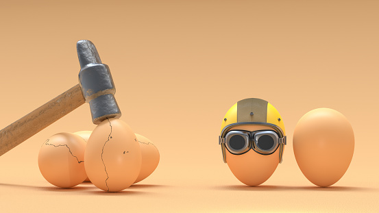 Broken eggs because they do not wear helmets. 3D Render