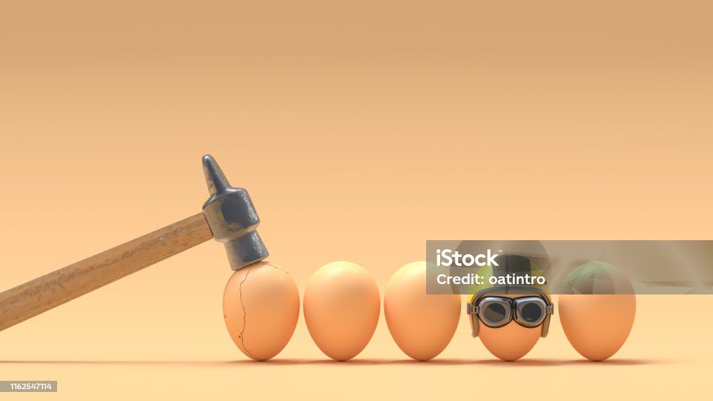 Broken eggs because they do not wear helmets. Broken eggs because they do not wear helmets. 3D Render Fragility Stock Photo