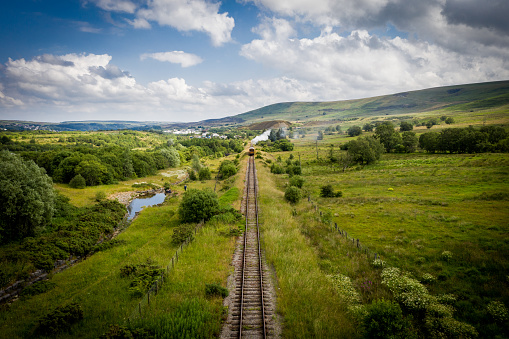 The view of the Midland Main Line, major railway line in England from London to Nottingham and Sheffield in the Midlands, near Milford village in Derbyshire, England.