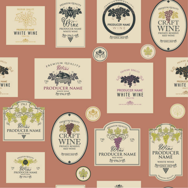 seamless pattern wine labels seamless pattern on the theme of wine with various wine labels with images of grapes, landscapes, winery and other in retro style wine and oenology graphic stock illustrations