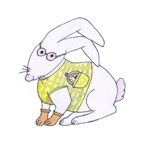 ilustrações de stock, clip art, desenhos animados e ícones de white rabbit in a vest with a pocket watch, glasses, yellow gloves, with a pink nose and a frightened view from lewis carroll's fairy tale "alice in wonderland" - book magic picture book illustration and painting