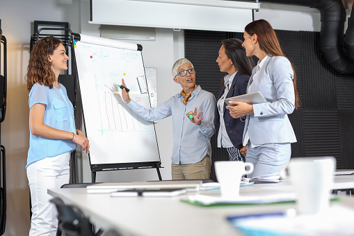 Multi ethnic teamwork of professional females  in a board room, analyzing market.