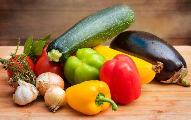 assortment of vegetables in close-up assorted vegetables for ratatouille ratatouille stock pictures, royalty-free photos & images